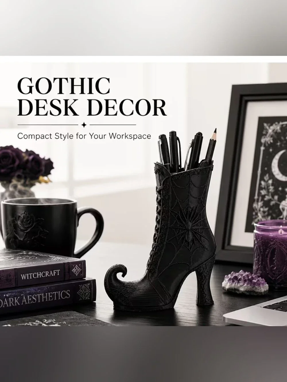 Gothic Black Spiderweb Boot Pen Holder - Home Office Décor